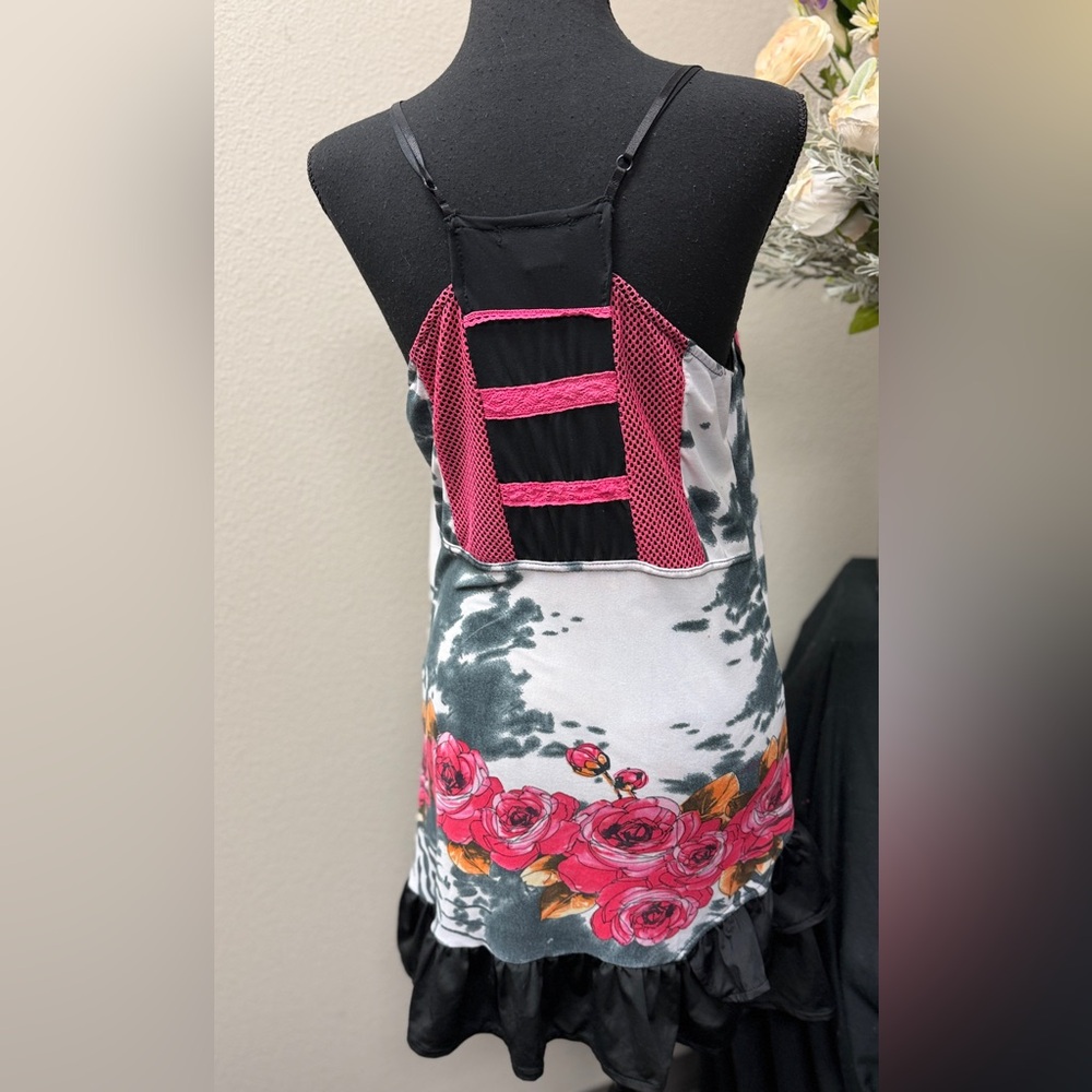Bacci Unique Summer Pink Floral & Black Whimsical Ruffle Hem Dress Size L - Picture 6 of 12
